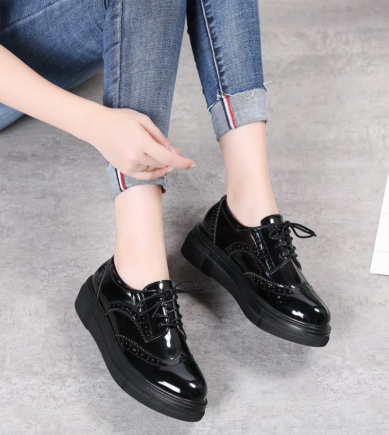 DADAWEN Women's Platform Lace-Up Comfort Wingtips Square Toe Oxford Shoes Brogues Black US Size 8 - Image 3